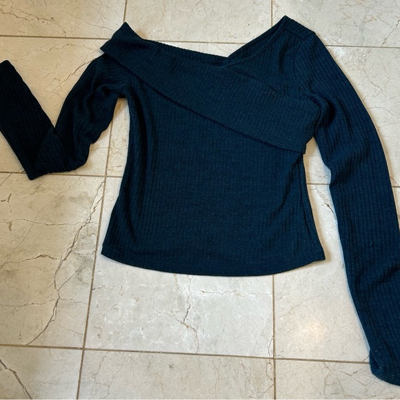 Off the Shoulder Stretch Soft Blouse, Mid-Night Blue Pull Over, Long Sleeve, SzS - Picture 7 of 11